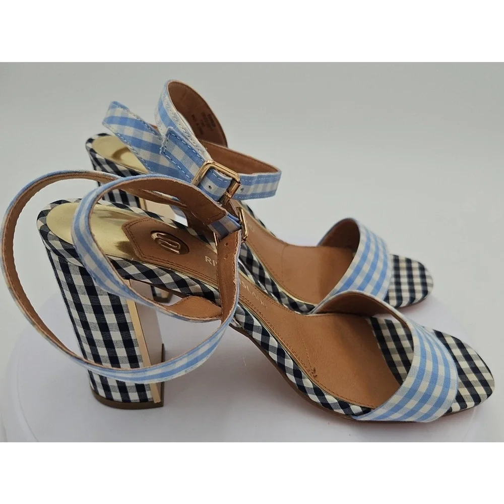 River Island‎ Lt & Dk Blue Gingham Strappy Sandal 4 inch Heels Womens Sz 7 *EUC*